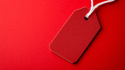 Close-up of a red tag on a vibrant red background, highlighting texture and color contrast.