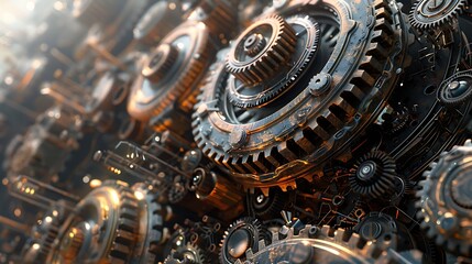 A detailed close-up of a watch mechanism, showcasing intricate gears and components working together.
