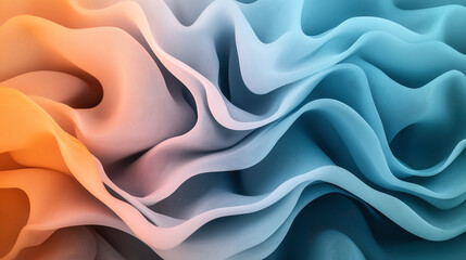 Obraz premium Abstract artistic image featuring smooth and wavy colorful layers of fabric in a gradient transition from orange to blue.