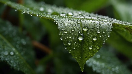 Dew-covered green leaf in close-up.