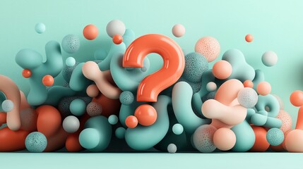 Abstract composition with colorful 3D geometric shapes, including a central large orange question mark surrounded by various spheres and organic forms in pastel colors against a pastel background.