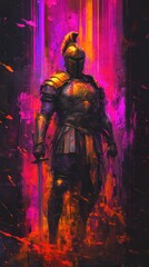 Bold Warrior Knight in Shimmering Armor with Colorful Background