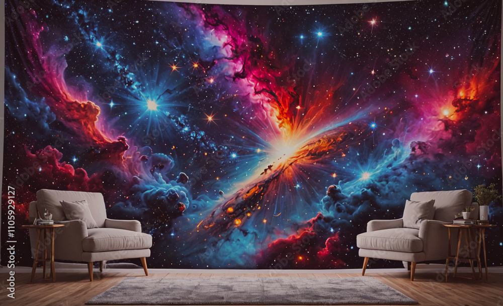 Poster large colorful space with a star in the middle. there are two chairs in the room. one chair is on th