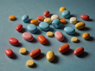 Different shaped colorful pills scattered on a light blue background.