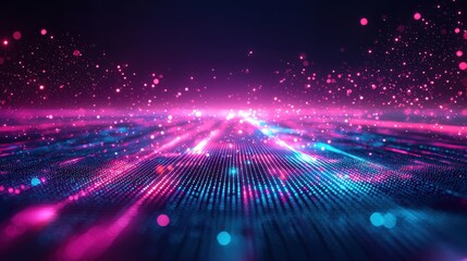 A glowing futuristic background featuring dynamic gridlines in neon cyan and magenta, extending into a dark, endless horizon. Subtle particle effects float across the scene, adding movement 