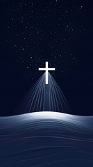 Naklejka premium Modern christian background with cross and blue rays on dark blue background vector illustration white line drawing