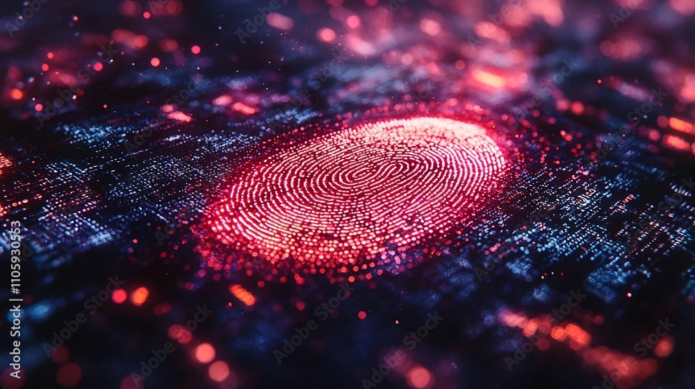 Poster digital fingerprint hovering over holographic financial data screen symbolizing biometric security a