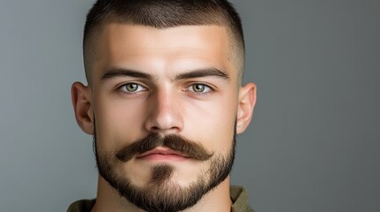 Obraz premium A young Caucasian man with a well-groomed beard and mustache, showcasing his striking green eyes against a neutral gray background.
