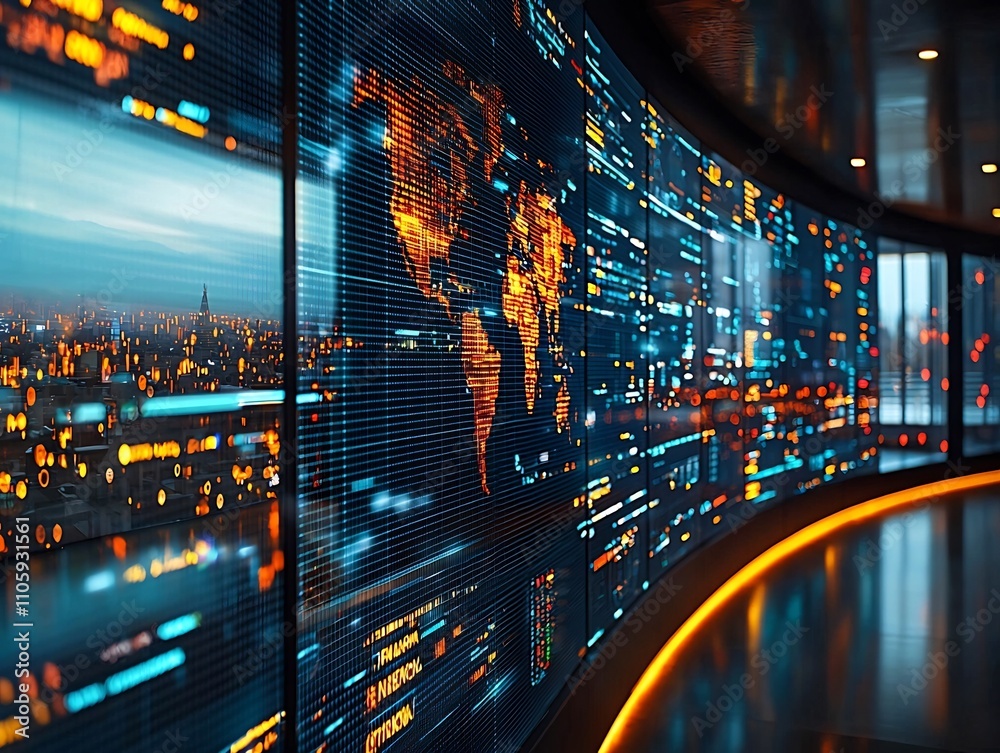 Poster futuristic finance control room monitoring global transactions and fraud detection algorithms