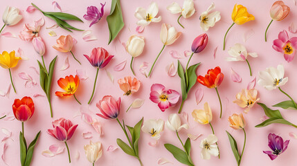 Pastel coloured flowers scattered across a light pink background
