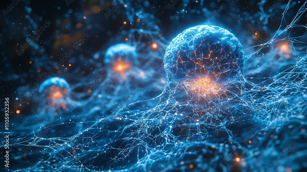 Poster neural network visualized as glowing webs analyzing financial transactions for fraud detection in re