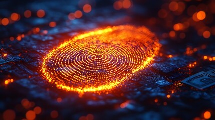 Glowing Digital Handprint Over Stacked Currency Symbolizing Biometric Authentication and Fraud Prevention in Finance