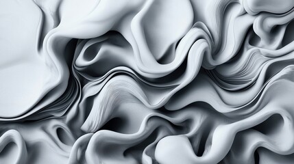 Abstract fluid shapes and waves with smooth, flowing lines and soft texture in monochromatic grayscale tones, resembling undulating fabric or liquid surfaces.