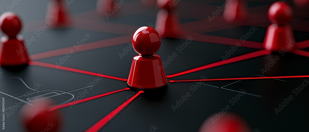 Poster data it technology security and spy concept. red game pieces connected by lines on a dark surface, s