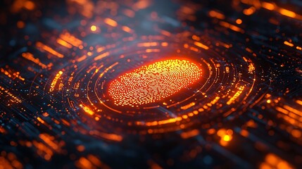 Holographic Fingerprint Scanner Overlaying Secure Financial Interface with Glowing Alert for Unauthorized Access