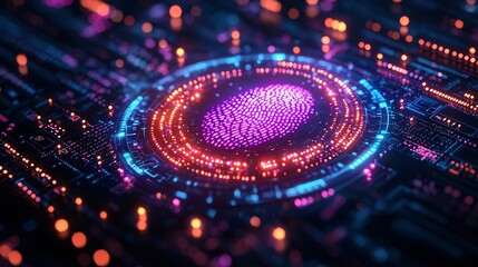 Holographic Fingerprint Scanner Overlaying Secure Financial Interface with Glowing Alert for Unauthorized Access