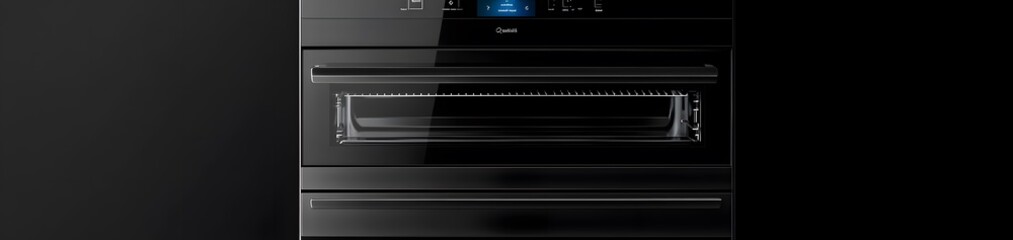 Modern black built-in oven with a sleek design and digital controls.