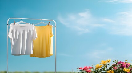 Sunlit Outdoor Drying Rack with Colorful Clothes and Vibrant Garden - Relaxing Afternoon Scene with Gentle Breeze and Clear Blue Sky