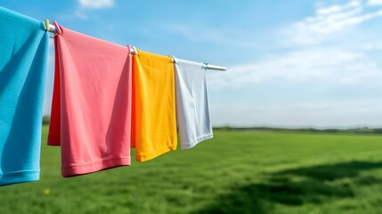 Vibrant Laundry Rack Under Open Sky - Colorful Clothes Drying in a Serene Rural Landscape with Soft Shadows and Lush Green Fields