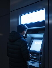 Frustrated User Encountering Error on ATM in Dimly Lit Environment