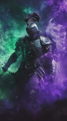 Fototapeta premium Fierce Knight in Armor with Magic Smoke in Dark Fantasy Scene