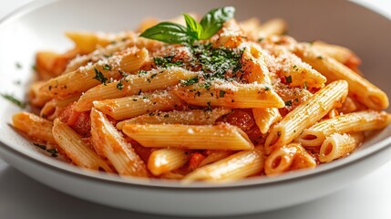 Close-up of penne pasta with tomato sauce, parmesan cheese, and basil in a white bowl.