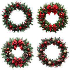 Christmas wreath with red berries, green leaves, big red bow. Christmas Pine Fluffy Wreath with Silk Red Bow isolated on transparent background. Collection of christmas wreath isolated on transparent