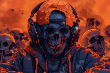 A skull spinning within a vortex of swirling graffiti strokes, with vibrant colors like red, orange, and purple creating chaotic patterns around it.