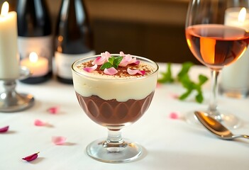  A Creamy Tiramisu in a Glass Dish, Served at a Romantic Candle-lit Italian Restaurant, Dessert Food Photography, Dessert Menu Style Photo Image