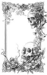 Detailed gothic frame adorned with skulls and floral motifs, suited for darkthemed projects. Ideal for admirers of macabre or Victorian styles, seeking an intricate design