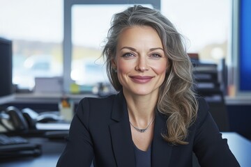 Fototapeta premium Gray-haired woman sitting at the table and working with project documentation. Beautiful simple AI generated image