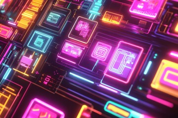 Obraz premium Vibrant Abstract Circuit Board Design with Neon Colors and Geometric Shapes in a Futuristic Digital Environment