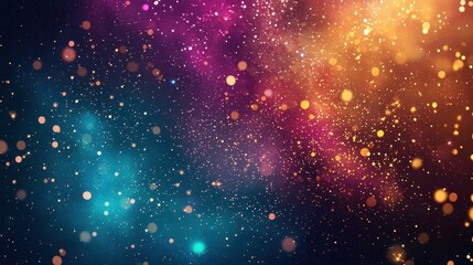 Fototapeta premium A cosmic background showcasing a glowing nebula in magenta, turquoise, and gold, surrounded by tiny stars. The luminous design captures the beauty and mystery of space, evoking awe and inspiration. 