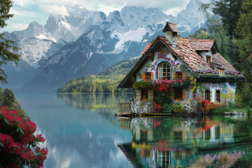 Magnificent panoramic view with flower house on the lake shore in the mountains.