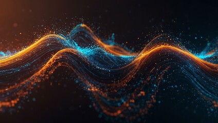 Fototapeta premium Digital wave with glowing blue and orange particles.
