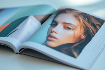 A fashion magazine open to a page featuring a close-up portrait of a model with soft lighting

