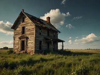 Dilapidated farmhouse in a field with an overgrown yard.