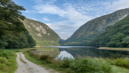 Serene mountain lake nestled between verdant hills, a tranquil path winds alongside the still water reflecting the surrounding lush landscape.