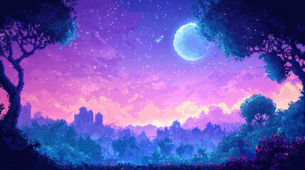 Pixel art of a cityscape for the background of a platform game in purple, blue and pink