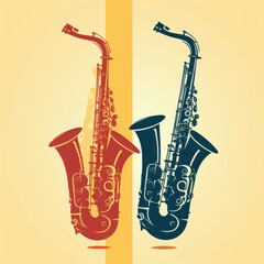 Fototapeta premium Two stylized saxophones, one red and one blue, against a soft yellow background, evoke a vibrant musical atmosphere.