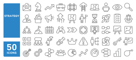 Set of 50 line icons related to strategy, plan, process, workflow, management, task, innovation, production, Editable stroke. Vector illustration