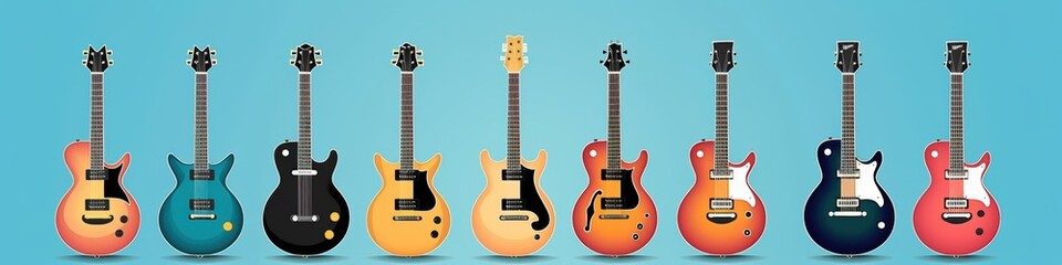 An array of electric guitars displayed against a vibrant blue background, showcasing various colors and designs.