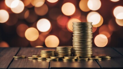 Stacked golden coins with sparkling bokeh background creating a festive atmosphere during a celebration