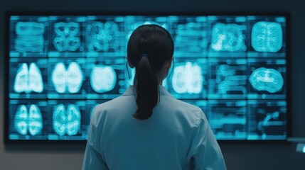 Innovative medical technology analysis hospital radiology room health data review futuristic environment professional perspective technology impact