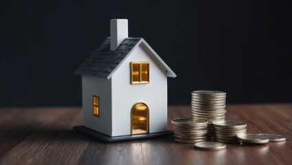 Model house with glowing windows next to stacks of coins on wooden surface highlighting real estate investment opportunities