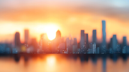 Cityscape background stunning sunset over city skyline, with skyscrapers silhouetted against vibrant colors of sky, creating serene and dreamy atmosphere