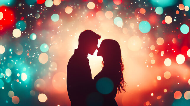 silhouette couple sharing romantic moment against colorful bokeh background
