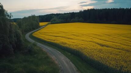 Fototapeta premium Serene Country Road Winding Through Vibrant Yellow Rapeseed Fields at Twilight