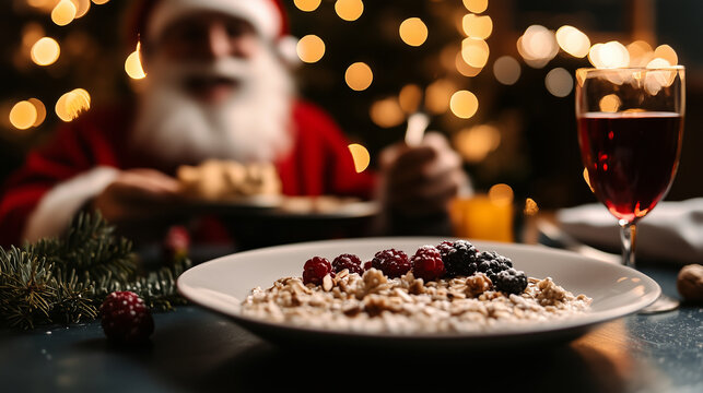 A festive table setting with Santa Claus in the background, happily eating oatmeal garnished with a medley of winter berries and crushed nuts.