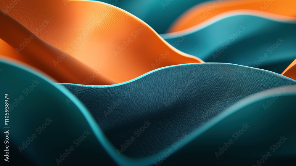 Wall mural Abstract image of teal and orange fabric waves displaying smooth curves and vibrant colors, creating a dynamic and flowing visual effect.